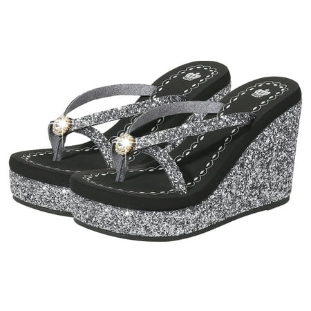 

1 Pair Women Summer Slippers Fashion Flip-Flops High-heeled Sequins Diamond Sandals Beach Casual Shoes (Black Size 39 24.5CM