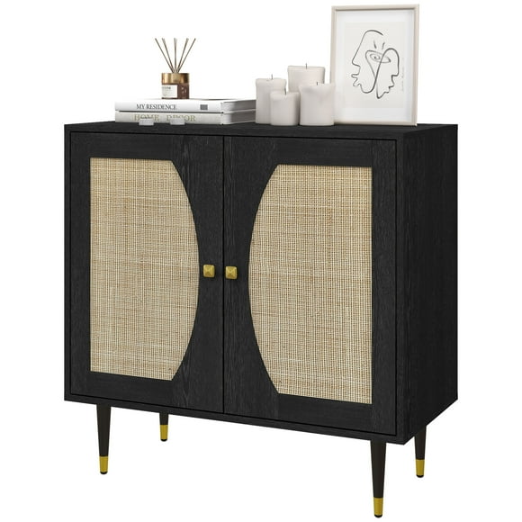 HOMCOM Boho Sideboard with Adjustable Shelf Rattan Decorated Doors Black