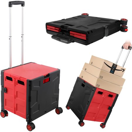 Foldable Shopping Utility Cart Portable Rolling Crate Handcart with 360°Rotate Wheel Hidden Lid Telescoping Handle Collapsible for Travel Shopping Moving Storage Office Use(Black/Red)