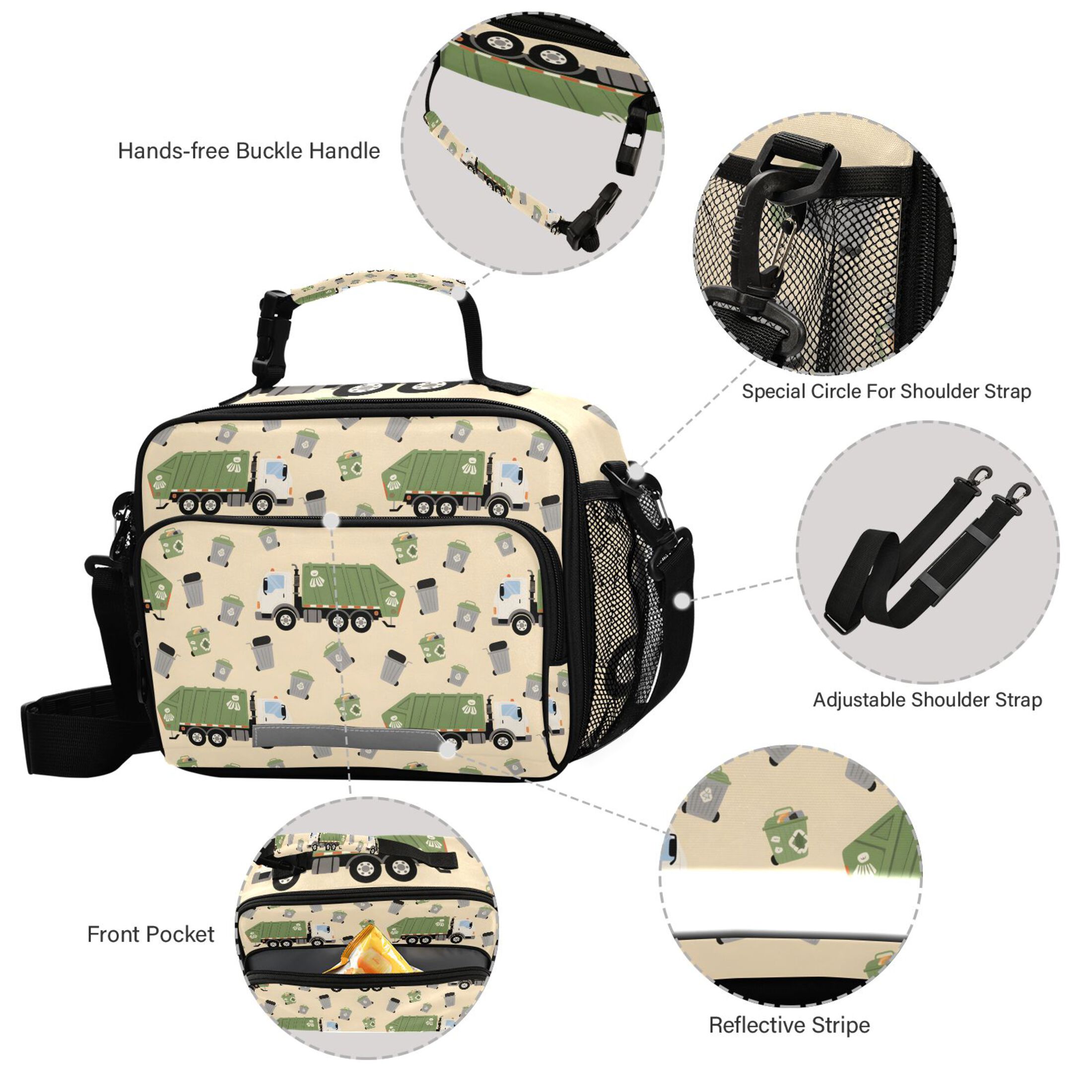 ALAZA Garbage Trucks Lunch Box Insulated Cooler Bag Reusable Tote Bags Shoulder Strap