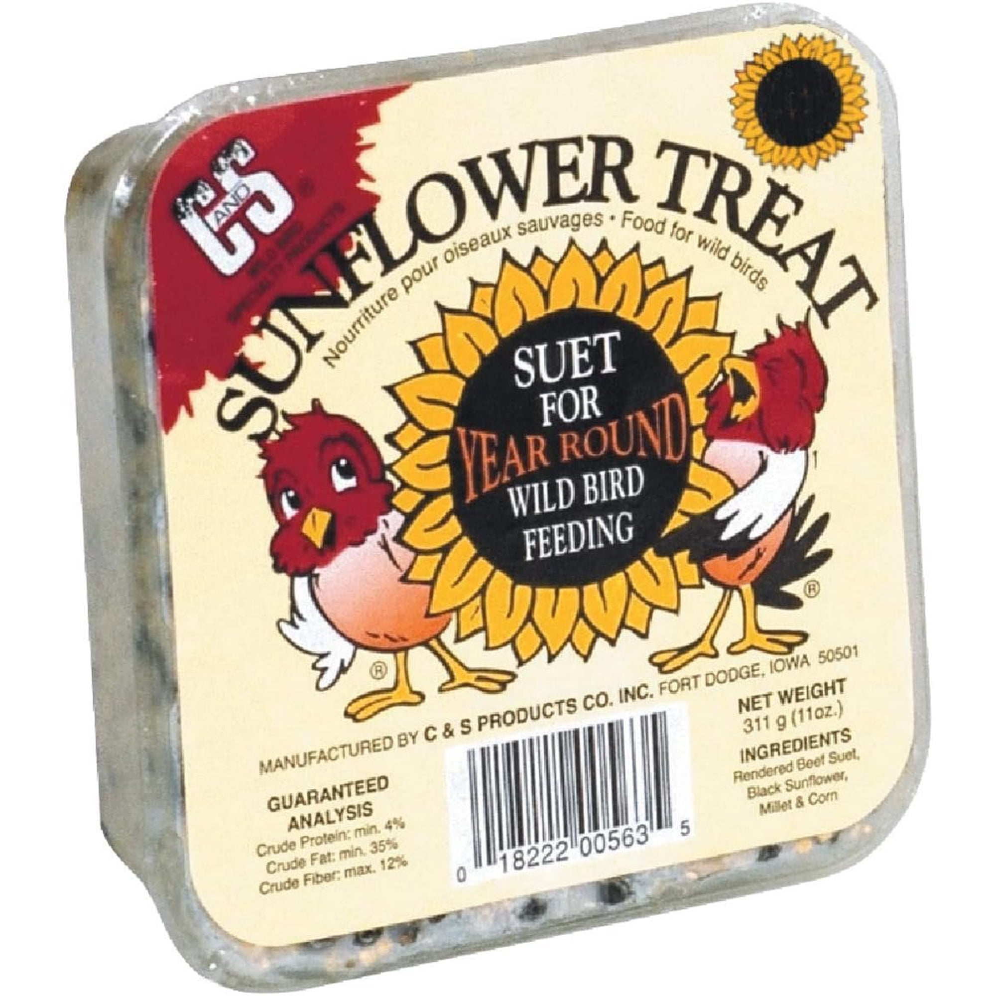 C & S Products Sunflower Suet Cake Bird Treat - For Wild Birds - Single Piece