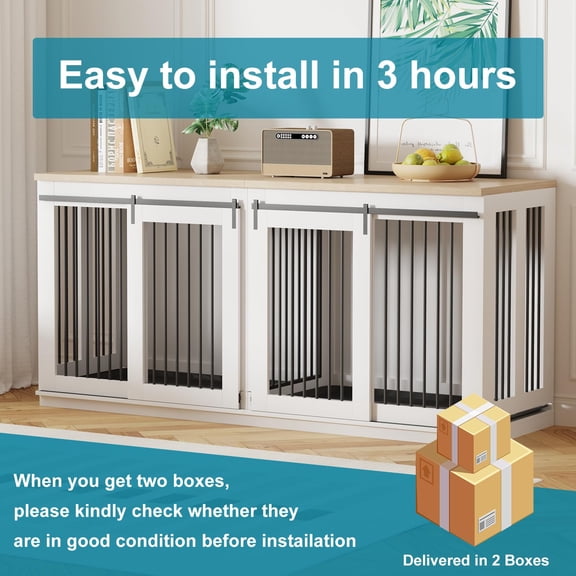 71"Dog Crate Furniture for 2 Dogs, Wooden Double Dog Crate Furniture TV Stand with Removable Divider & Tray for Mideum and Large Dog