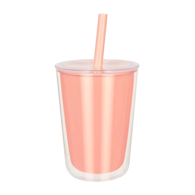 Vaso de plástico doble pared con popote y tapa push-elissa rosa 11.5 x 15