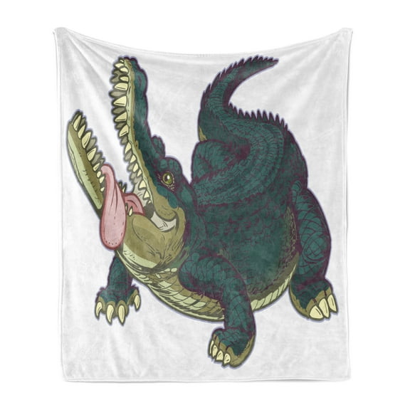 Crocodile Soft Flannel Fleece Throw Blanket, Computer Graphics of a Wild and Fierce Alligator with Sharp Teeth and Tongue, Cozy Plush for Indoor and Outdoor Use, 70" x 90", Multicolor, by Ambesonne