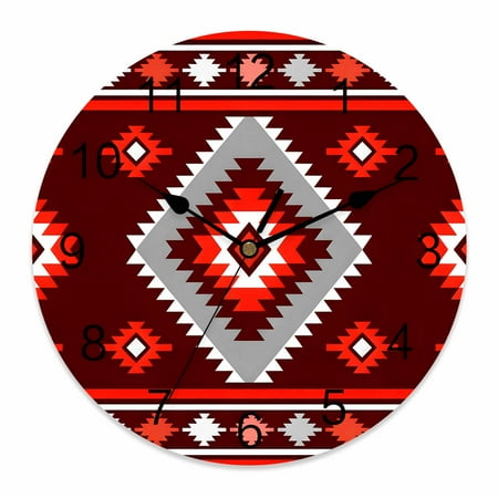 Wall Clock Red Tribal Geometric Clocks PVC Silent Non-Ticking Battery Operated Decorative Bohemian Vintage Native Abstract Round Clock for Home Living Room Kitchen Bedroom Office Wall Decor 10 Inch