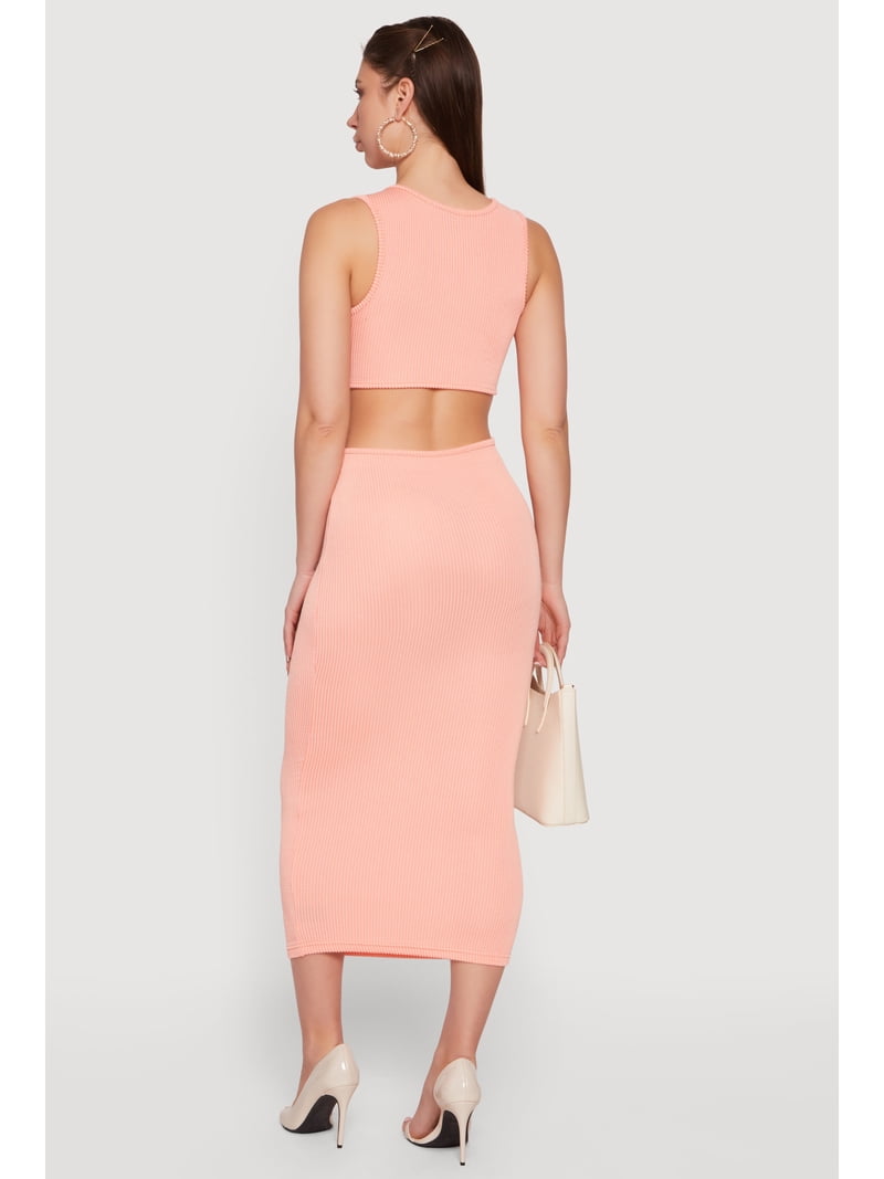 Women's Ribbed Knit Cut Out Detail Scoop Neck Midi Dress