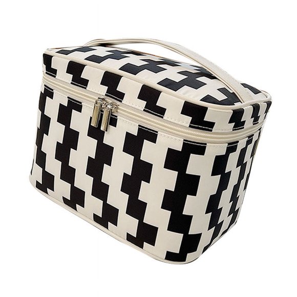 Chic Black & White Cube Large Capacity Makeup Bag - Southeast Asia Exclusive, Durable Polyester Travel Toiletry Organizer with Glossy Zipper & Sturdy Handle, Washable Portable Cosmetic Storage Pouch