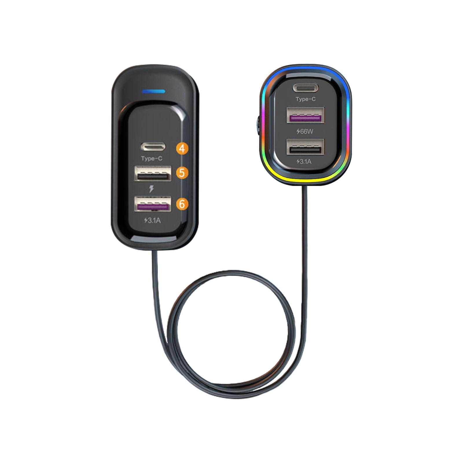 66W Multi Port Car Charger With Led Light, Fast Charging Usb And Type C Adapter For Front And Rear Seats, 5.3X3.9X1.4 Inches, 0.21 Lb Weight