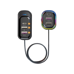 66W Chargeur de voiture multi-ports avec lumière led, charge rapide Usb et adaptateur de type C pour les sièges avant et arrière, 5.3X3.9X1.4 pouces, 0.21 Lb Poids