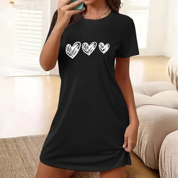 Camisón corto de gran tamaño para mujer, con cuello redondo y mangas cortas, estampado