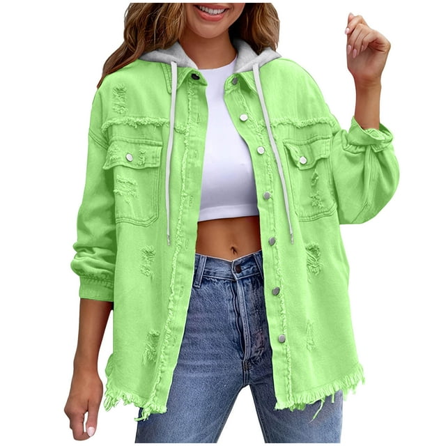 RXMEKW Womens Shirts Casual, Solid Color Denim Jacket with Detachable Hood