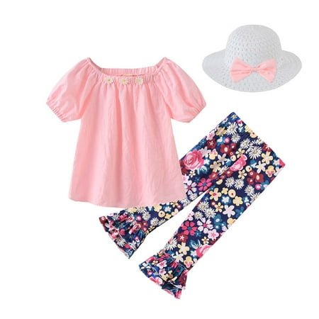 

Simplmasygenix Children s Day Gifts Kids Tops Clearance Toddler Baby Kids Girls Floral Tops T-Shirt Princess Pants With Hat Outfits