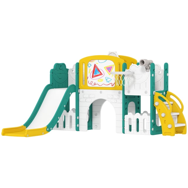 Qaba Toddler Slide, 7 in 1 Kids Slide with Climber, Basketball Hoop, Yellow