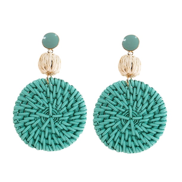 Pendientes redondos de rafia Boho para mujer, pendientes colgantes redondos de rafia individuales - joyería de resort de playa de verano