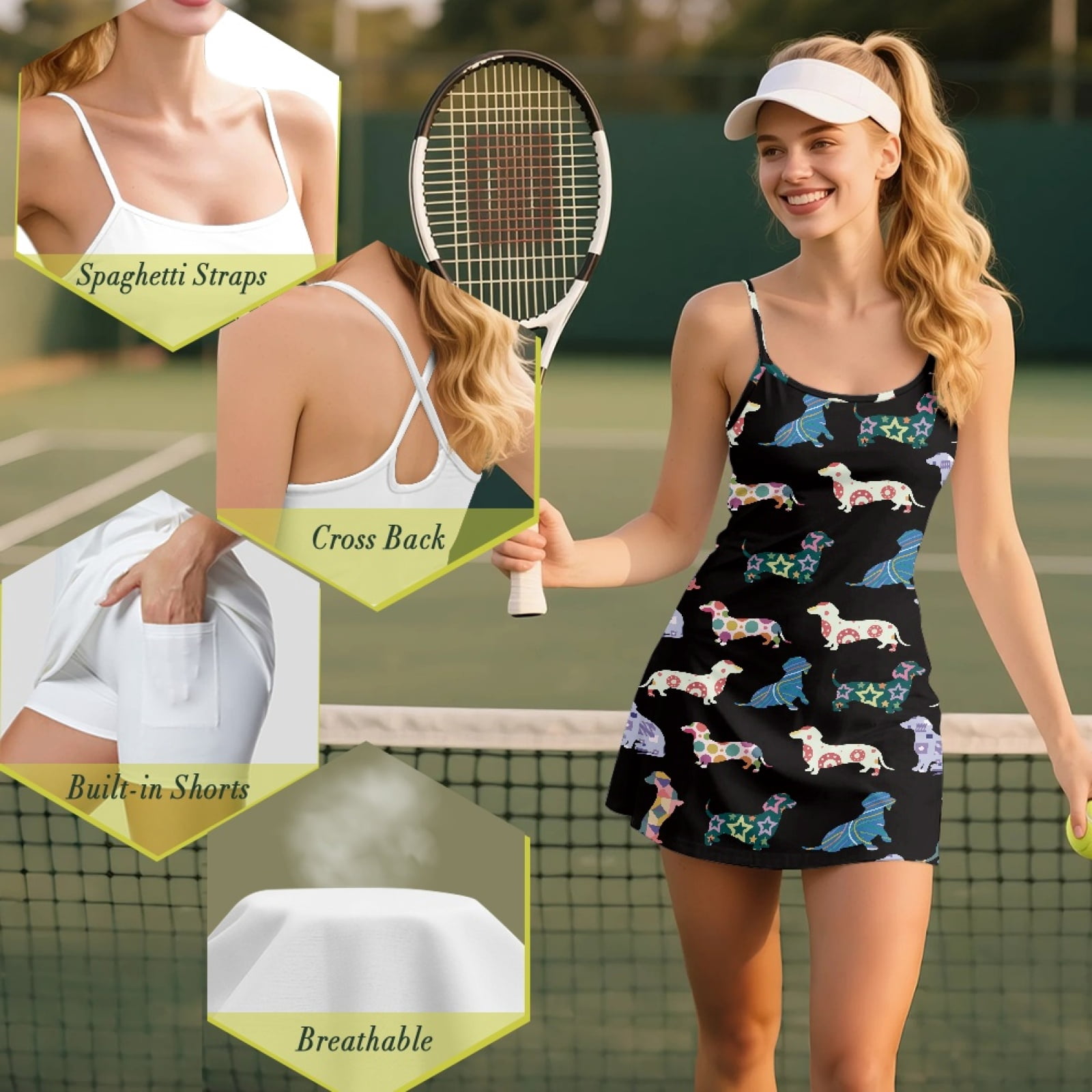 Yuyamidu Colorful Dachshund Womens Tennis Dress Cute Spaghetti Straps Dresses with Built-in Shorts Summer Workout Athletic Golf Dress with Pockets Pickleball Outfits Size S