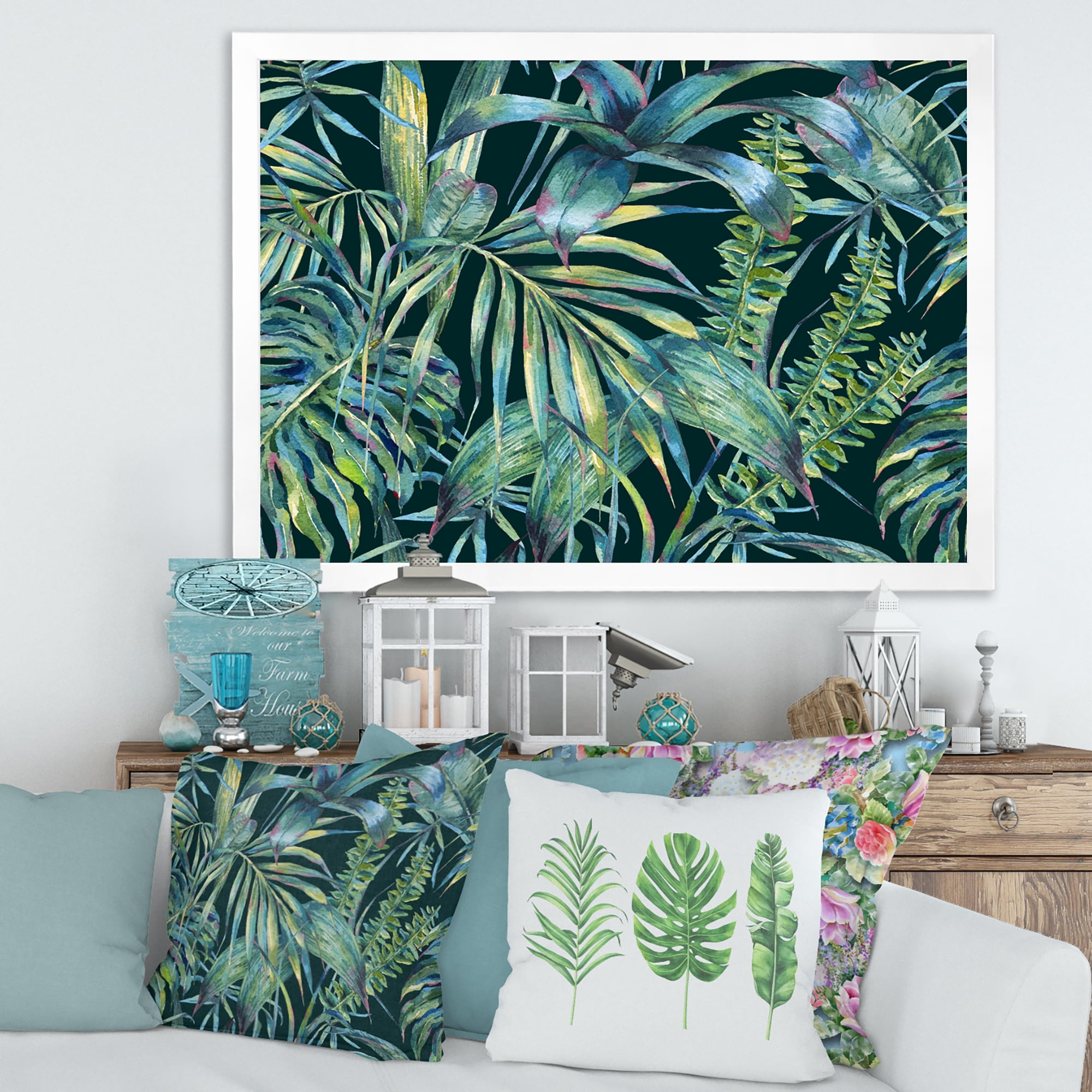 Designart 'Natural Green Leaves Exotic On Dark I' Tropical Framed Art Print