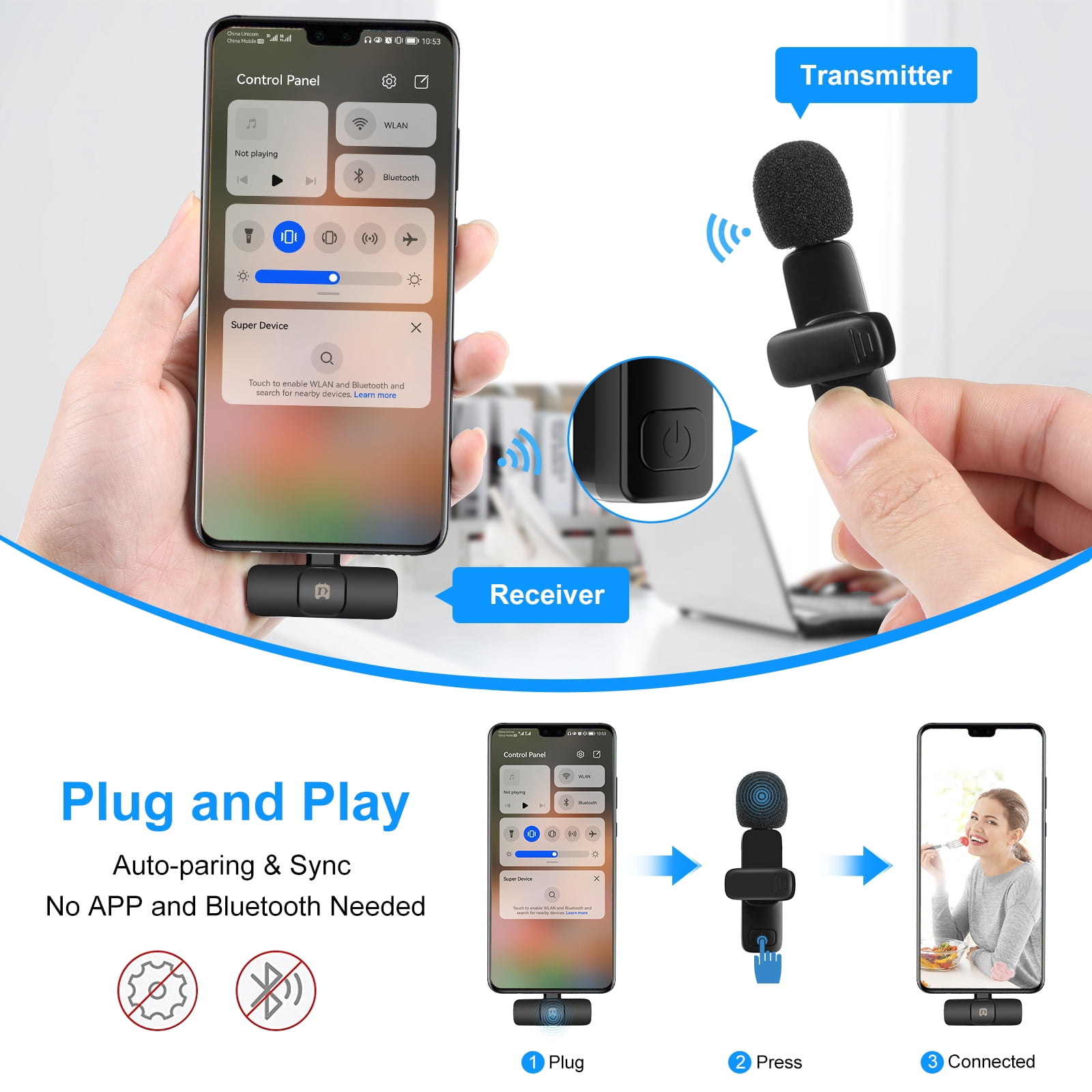 PULUZ Wireless Lavalier Noise Reduction Reverb Microphone for Type-C / USB-C Device, Support Phone
