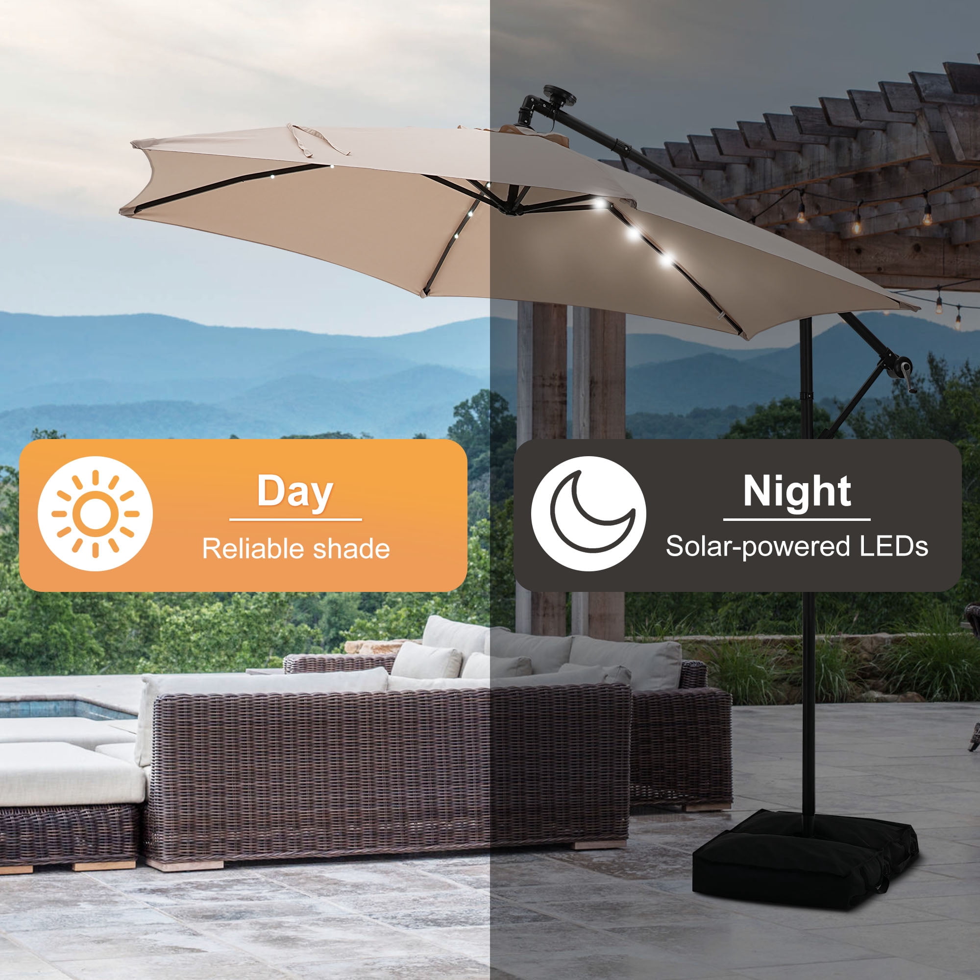 Autlaycil 10 ft Cantilever Offset Outdoor Patio Umbrella with Base Stand Rotate and Tilt,24 Solar LED Lights, Khaki