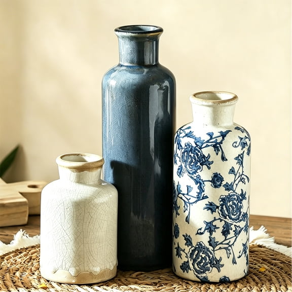 Petyoung Vintage Blue & White Ceramic Vase Set (3 Pack), Chinoiserie Rustic Farmhouse Decor for Table, Mantel & Living Room