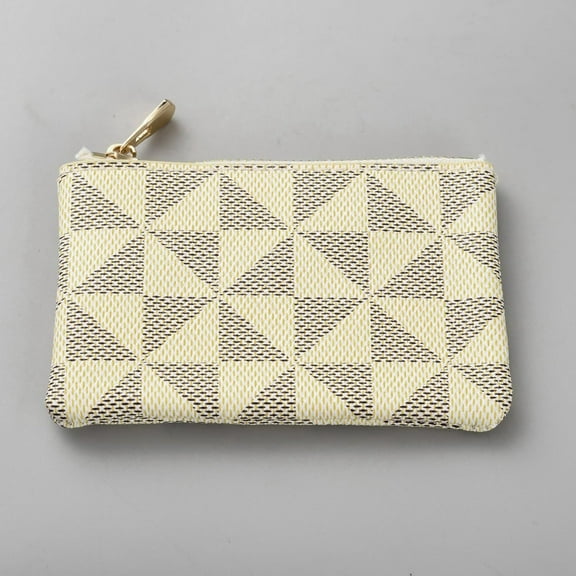 Mini Triangle Print PU Leather Coin Purse with Golden Tone Alloy Zipper Rectangle White 72x110x6.5mm for Men Women Wallet Storage