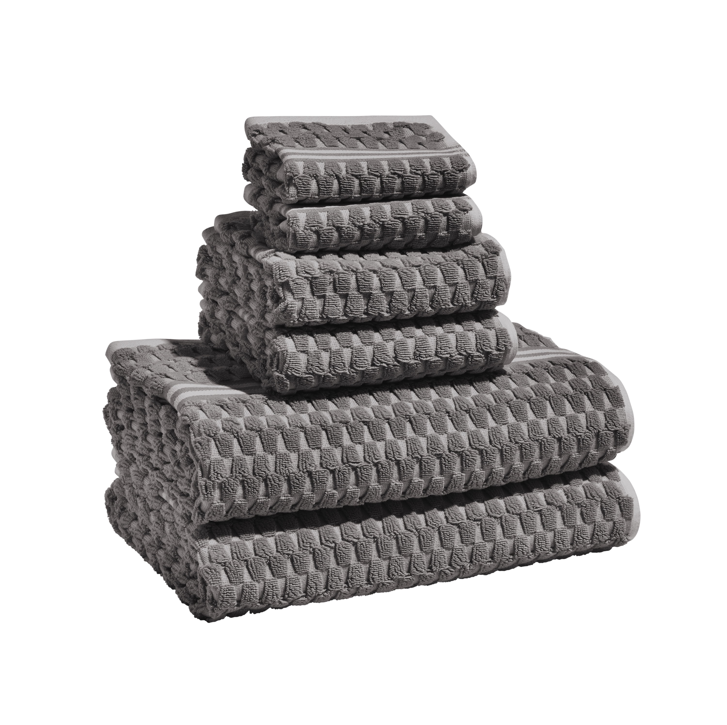 Beautiful by Drew Barrymore 6-Piece Staggered Tile Bath Towel Set, Soft 100% Cotton, Charcoal