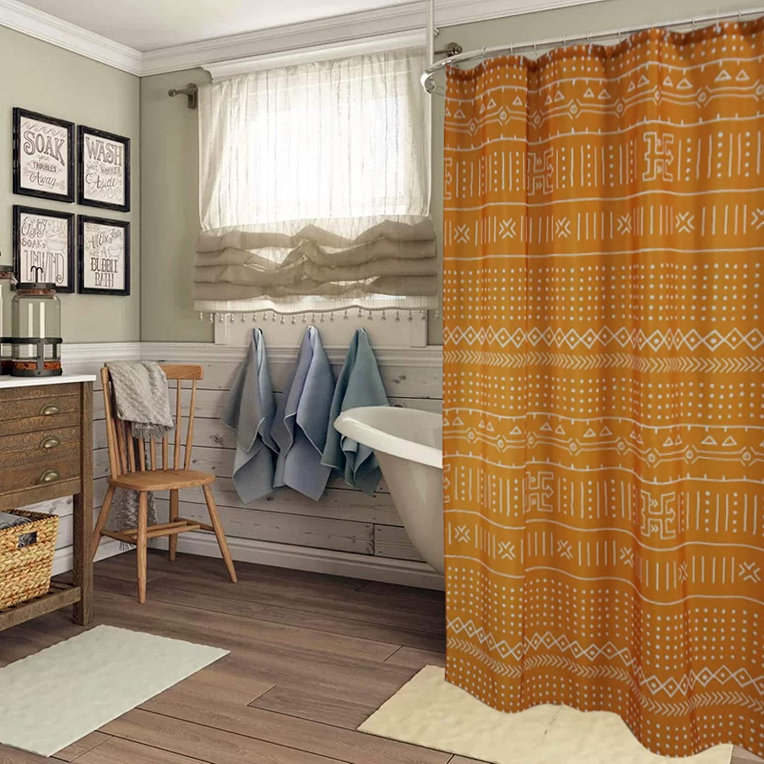 Mudcloth Stall Shower Curtain Yellow 36-Inch Ethnic African Boho Small Fabric Bathroom Shower Curtain Sets Mud Cloth Decor, Heavy Weighted & Waterproof (Yellow, 36 x 72)