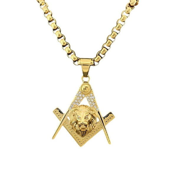 Fachoice Masonic Lion Head Pendant for Men Sparkly Lion Head Necklace, Roaring Lion Necklace Classic Freemason Lion Head Necklace Men’s Triangle Lion Jewelry Vintage CZ Masonic Charm Necklace