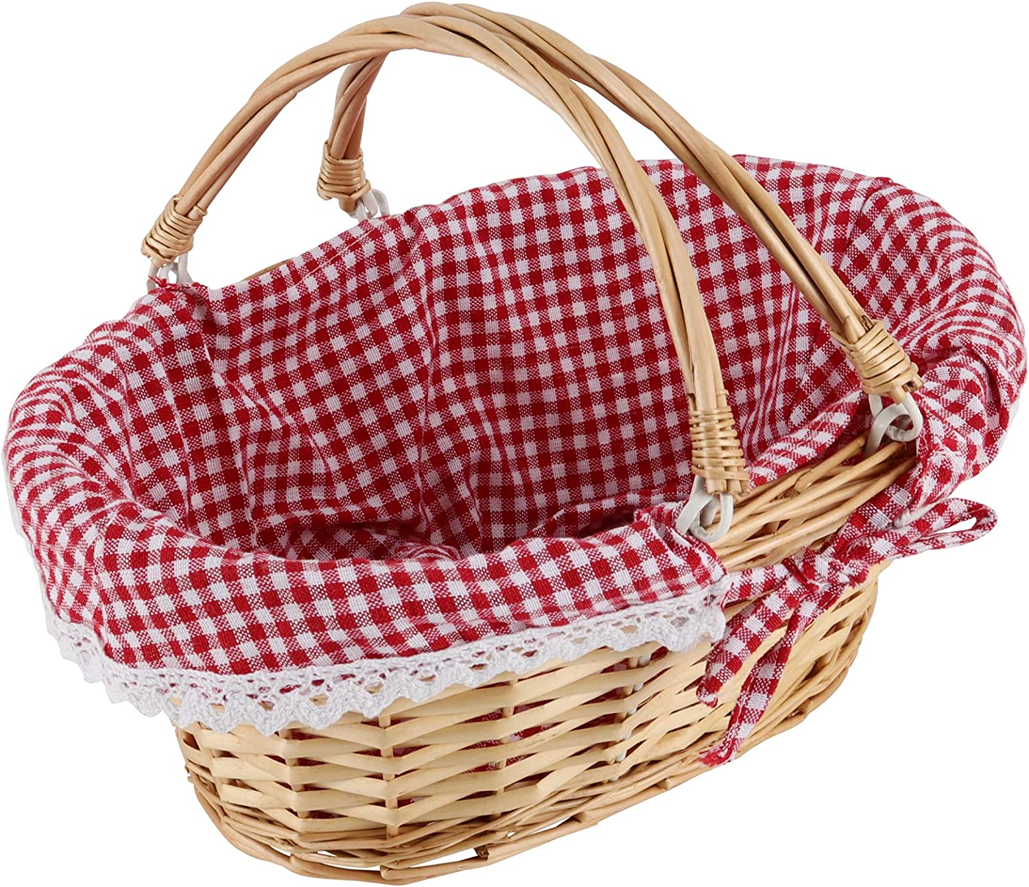 2 PCS Natural Wicker Basket with Double Handles and Washable Gingham Liner, Small Hand Woven Gifts Basket Empty for Easter, Picnics, Gifts, Home Decor, Candy Fruit Storage, 13 x 9 x 4.7 Inch
