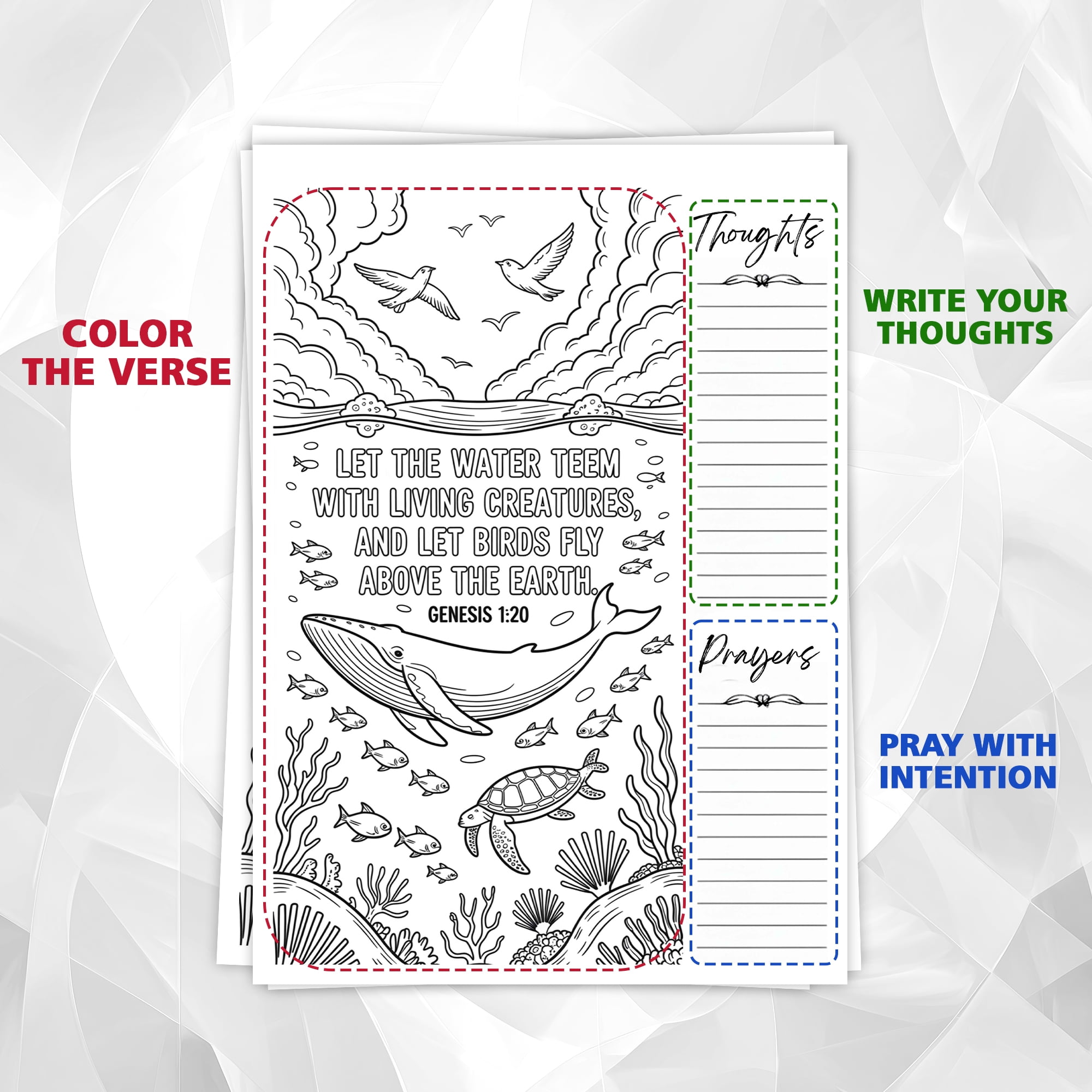 Genesis Coloring Book for Adults, 30 Minimalist Scripture Art Pages with Reflection & Prayer Space, Spiral Bound, A4 or A5 Softcover or Wood Cover