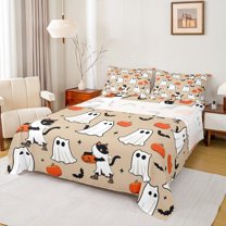 Feelyou Teens Funny Ghost Bed Sheets, Cartoon Black Cat King Sheets, Halloween Bat Pumpkin Sheet Set, Breathable Home Decor, 4-Piece