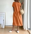 thumbnail image 4 of CHUANK Robe en Coton et Lin à Manches Courtes pour Femme Grande Taille avec Poches, T-Shirts à Col Rond, Couleur Unie, Coupe Ample, Robe d'Été M-3TG (3X-Grand Blanc), 4 of 5