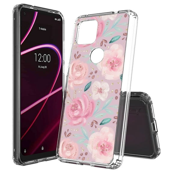 Beyond Cell compatible with T-Mobile Revvl 5G (2020) Case,, Transparent Clear Shock Absorption Cushion Bumper Corner Soft TPU   PC Cover Pink Roses Blossom