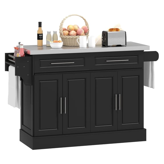 Kitchen Island Cart with Stainless Steel Top, Black, on Wheels - Storage Cabinets & Spice Rack