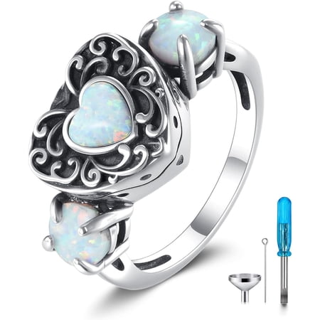 DVEATR Heart Cremation Urn Ring for Ashes 925 Sterling Silver Created Opal Memorial Urn Rings Keepsake Jewelry with Filling Tool for Women Mother Grandma