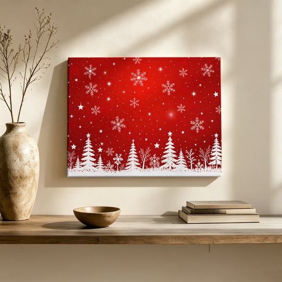 Christmas Canvas Wall Art, Red and White Snowflake Sky Winter Pine Forest Wall Art Prints Artwork Framed Canvas Ready to Hang Art Pictures for Large Dining Living Room Hallway 36" x 24"