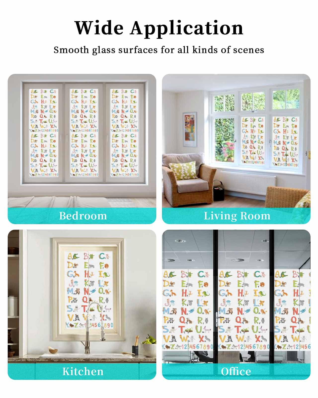 Window Privacy Film Children's Alphabet Stained Glass Window Film Decorative Sun Block Window Cover Colorful Cute Animals Numbers Window Clings Static Adhesive Sticker for Bathroom 29.5"x118"