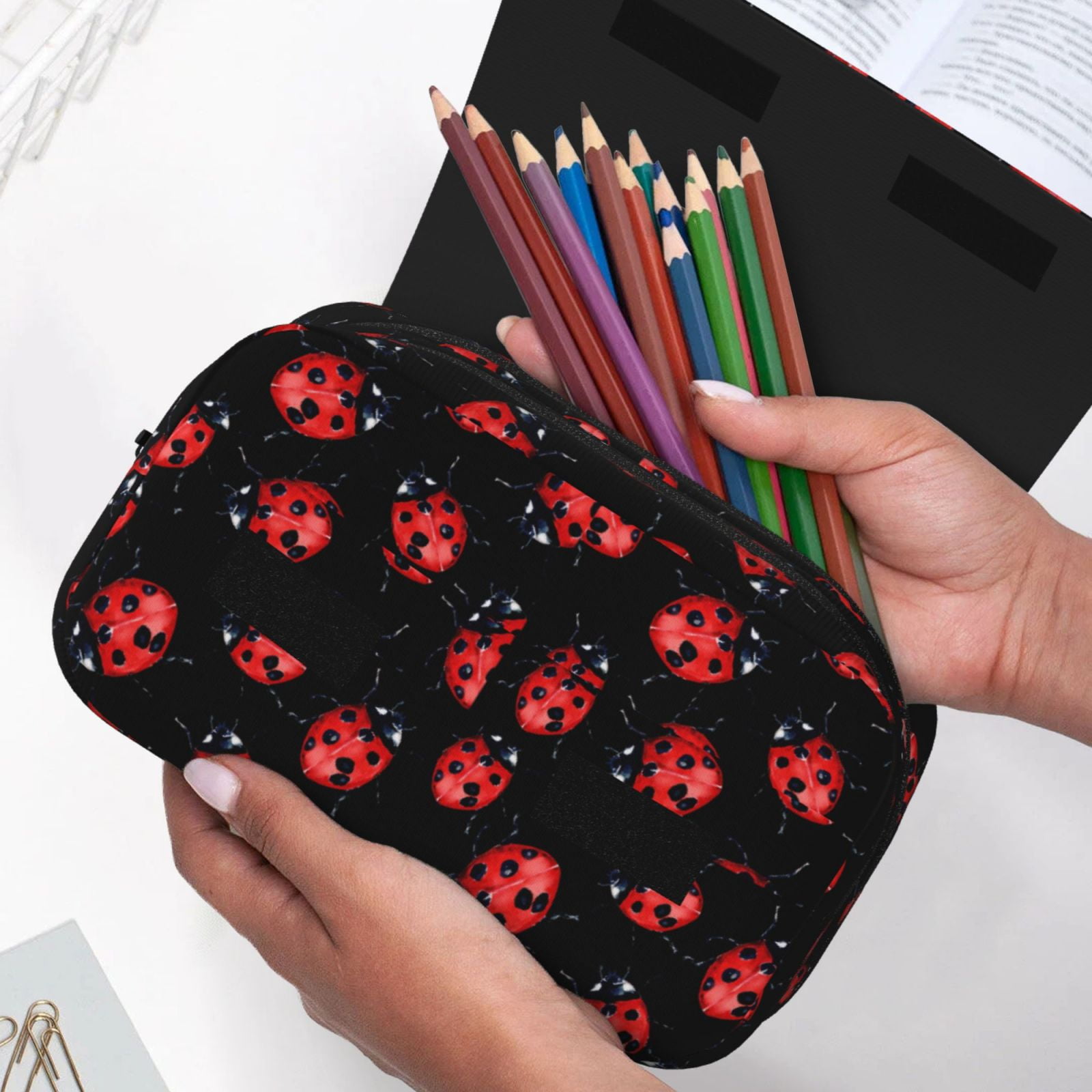 Rateoe Beautiful Red Ladybug Pattern Double Clamshell Pen Case, Storage Organizer with Two Zipper Compartments– Holds Up to 50 Pencils & Pens