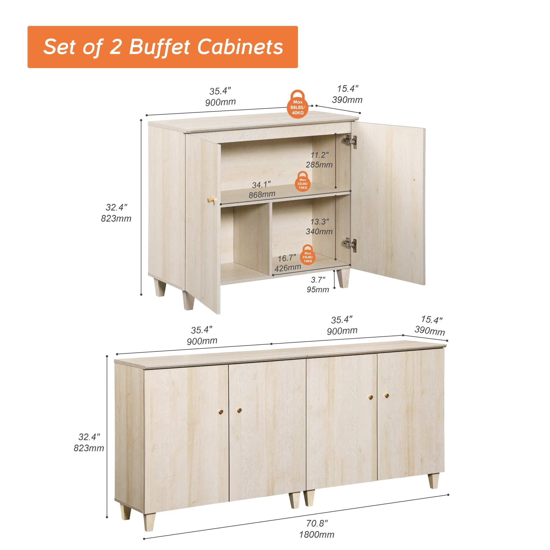 Wooden Dresser Chest with Doors, Bedroom Modern Light Oak Closet Storage Organizer with 6 Compartments for Kids baby Room, Nursery