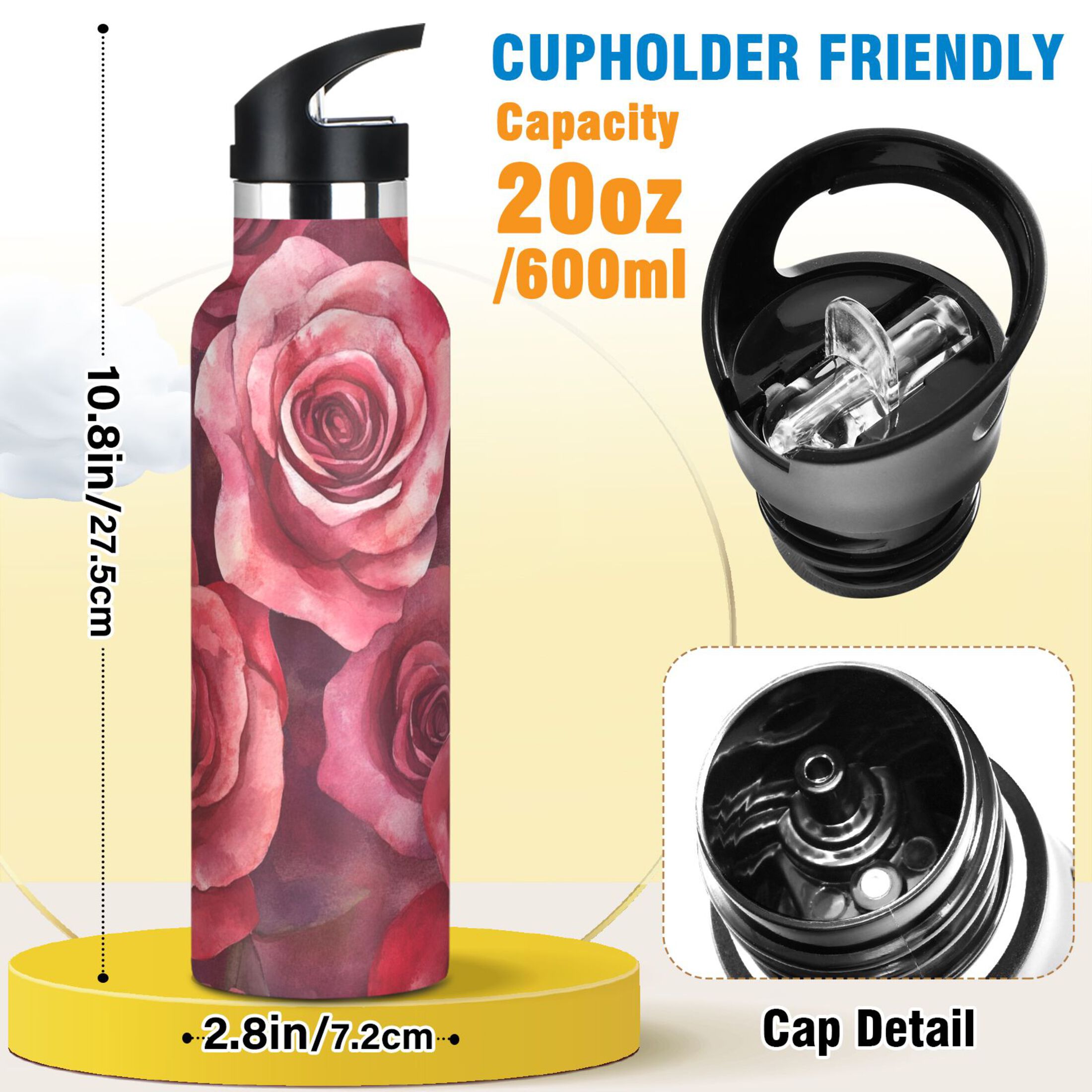 600ML Stainless Steel Insulated Cup Sports Water Bottle Portable Thermos Cup Water Glasses Insulated Tumblers Convenient and Durable Red Roses Seamless