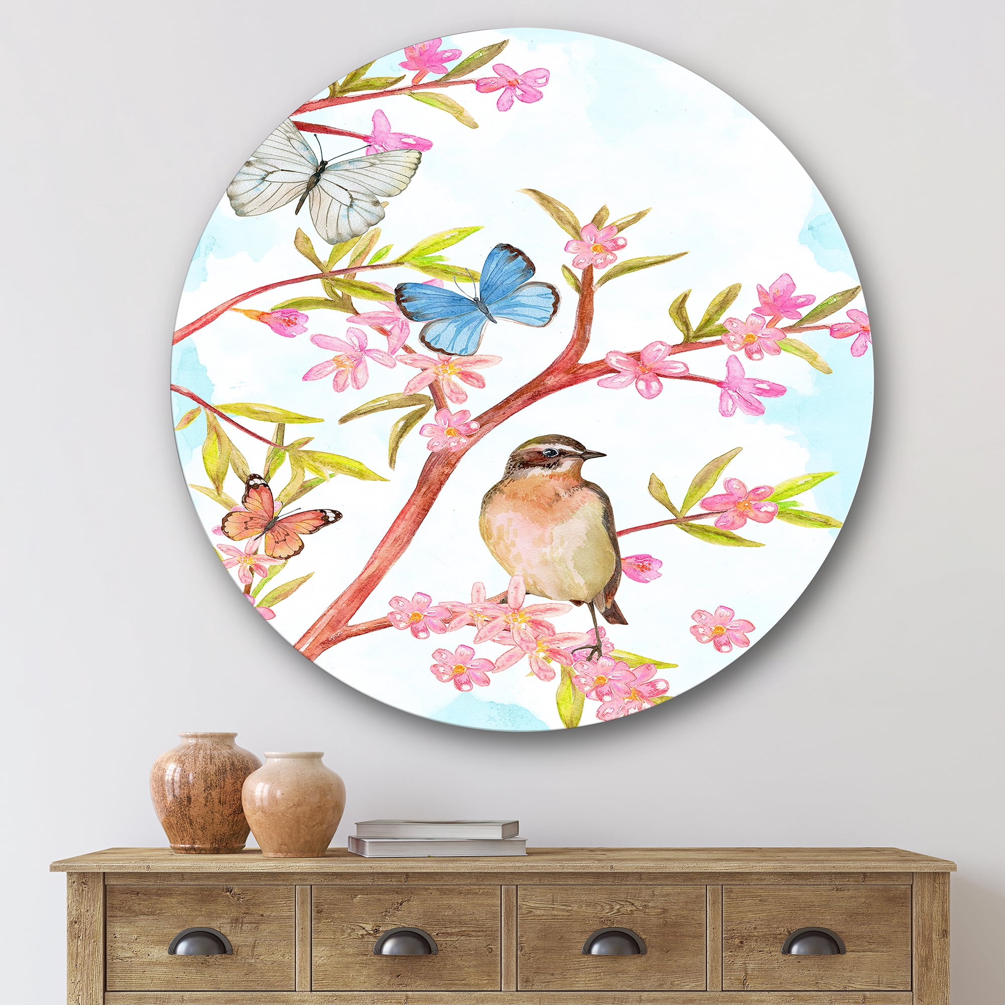 Designart 'Clever Bird Sitting On Branch of A Spring Tree With Butterflies' Traditional Circle Metal Wall Art 29x29 - Disc of 29
