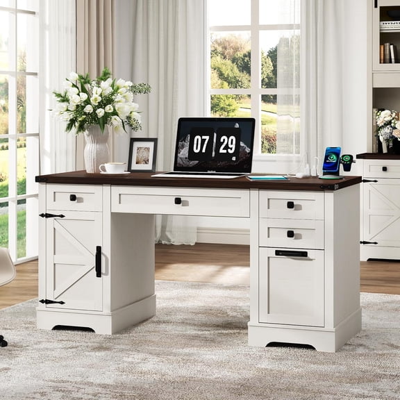Squireewo 58'' Farmhouse Home Office Desk with Drawers, Wooden Executive Desk with Charging Station, File Drawers and Storage Cabinet, Computer Desk for Work, Study and Writing, Rustic White