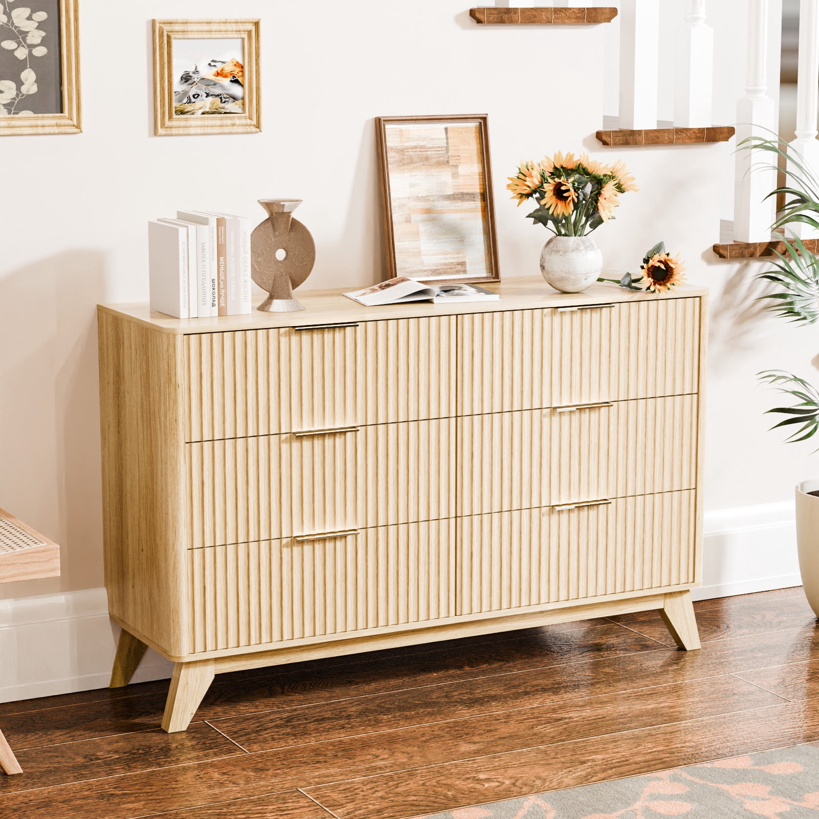 Ktaxon Fluted Dresser 6 Drawer Dresser Wood Chest of Drawers Storage Cabinet for Bedroom, Living Room Entryway Mid Century Oak