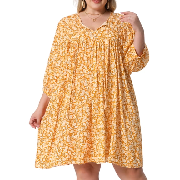 DARING DIVA Plus Size Drawstring V Neck Babydoll Midi Flowy Dress 1X Orange