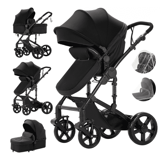 All-in-one Baby Stroller Reversible Infant Carriage with Storage Bag,Foldable Baby Pushchair for Newborns to Toddlers,Unisex,BLACK