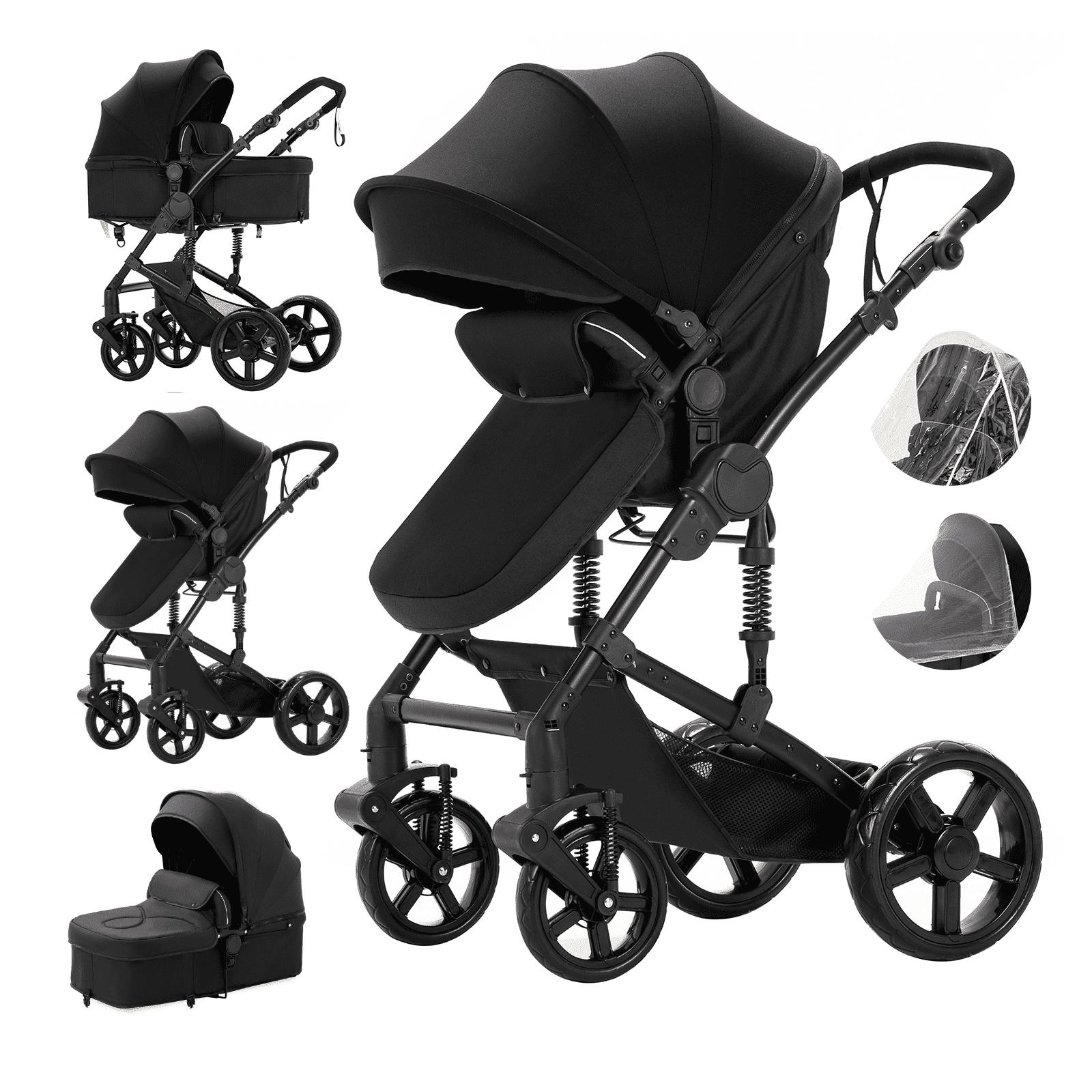All-in-one Baby Stroller Reversible Infant Carriage with Storage Bag,Foldable Baby Pushchair for Newborns to Toddlers,Unisex,BLACK