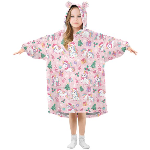 Wearable Blanket Hoodie Oversized Blanket Hoodie for Boys Girls Teens 3-14YR Pink Background Unicorns Christmas