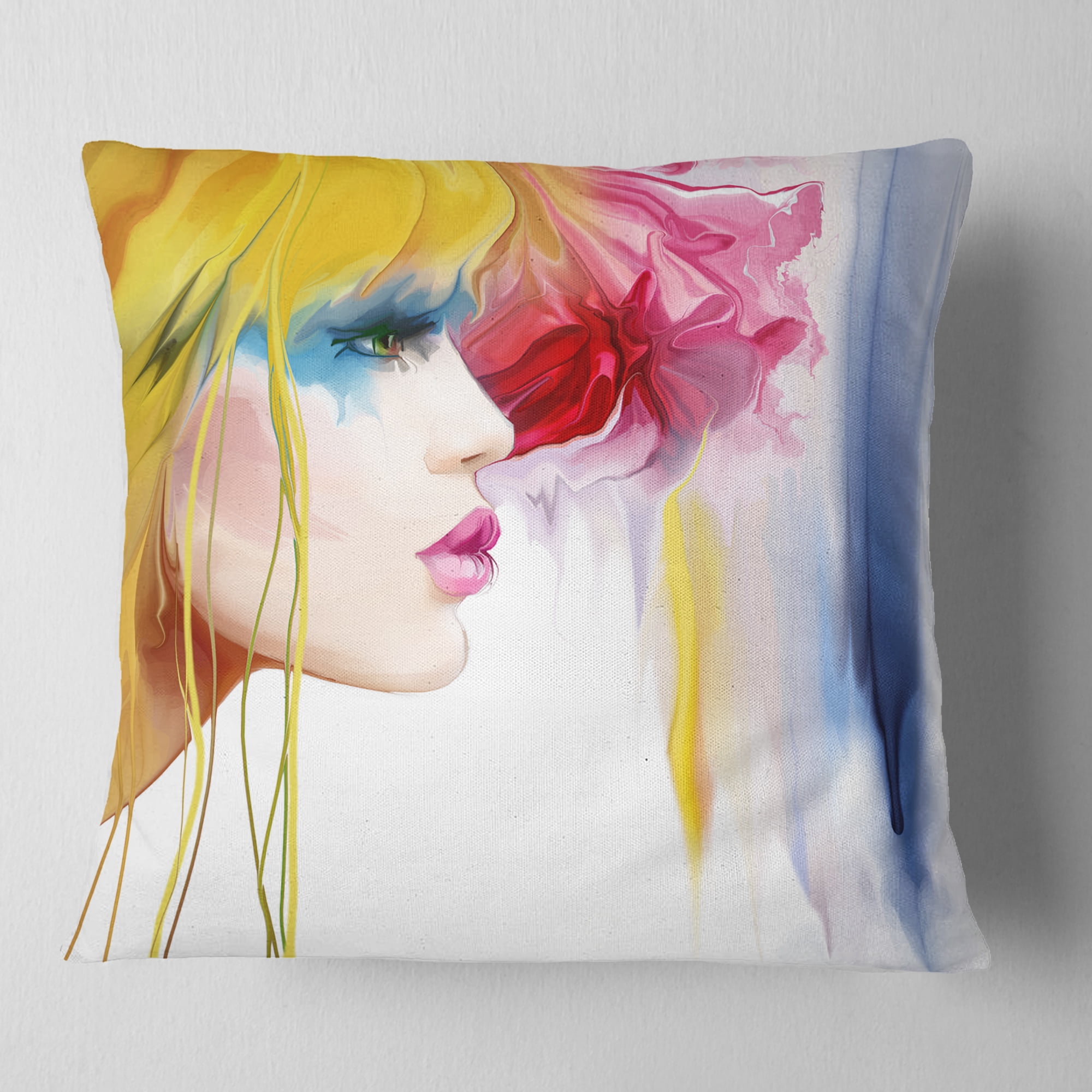 Designart Girl with Colorful Hair - Portrait Throw Pillow - 16x16