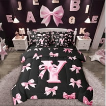 Castle Fairy Monogrammed Letter 7-Piece Queen Kawaii Bowknot Dreamy Princess Reversible Bedding Set