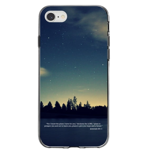 DistinctInk Clear Shockproof Hybrid Case for iPhone 7 8 SE (2020 Model) 4.7" Screen TPU Bumper Acrylic Back Tempered Glass Screen Protector - Night Sky Lake Jeremiah 29:11 - Show Your Love of Christ