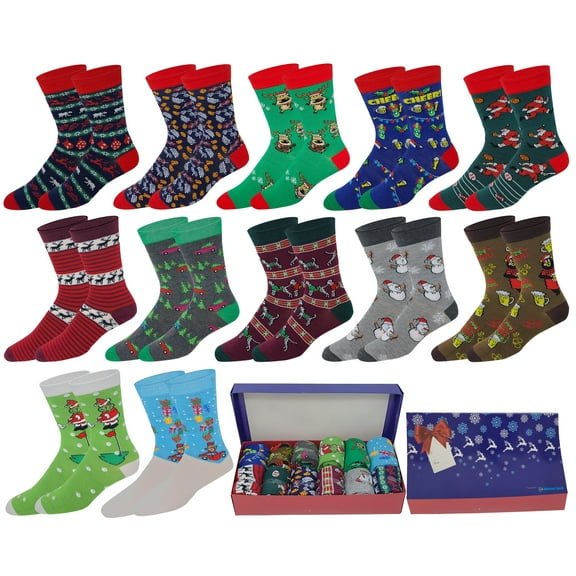 Different Touch Novelty Seasonal Christmas Holiday Socks with Gift Box ( 12 Pairs )